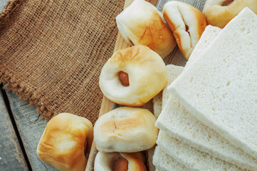 bread on tray and sack.