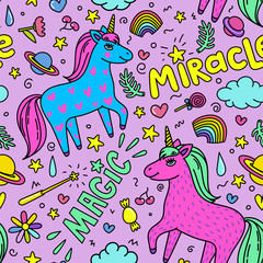 Seamless magic pattern with handdrawn unicorns and magic stuff. Miracle and magic creature. © ✦ Bizarre Factory ✦