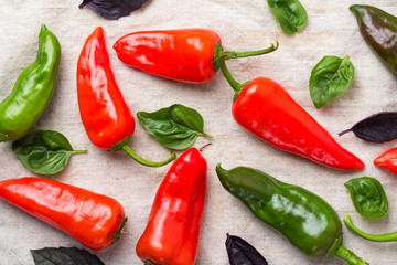 red and green chili and basil closeup.