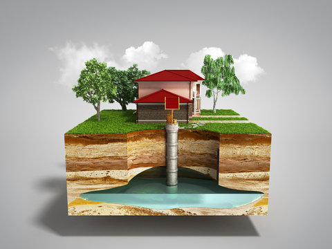 water well system The image depicts an underground aquifer 3d render on grey