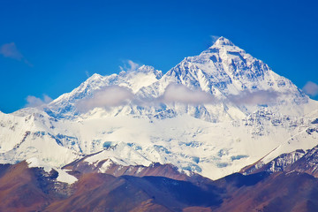 Everest and Lhotse mountain summits, Tibet. Tibetan landscape, Himalaya range, China side, Asia.