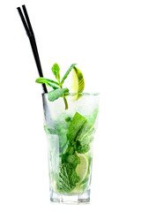 Front view of tropical cold mojito cocktail with lime, fresh mint and ice cubes in a high glass on light background