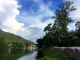 Camping area along side Khwae Yai River at Erawan waterfall - Kanchanaburi, Thailand