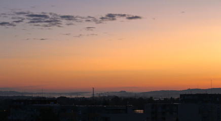 Fototapeta na wymiar Mysterious sunrise at morning near city Rudolfov