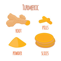 Turmeric root, organic spice, slices, powder, pills. Vector illustration