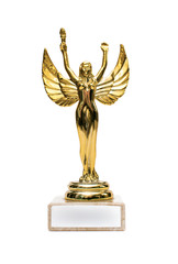 Gold award statuette made as a woman with wings and arms raised up and with torch. Golden angel,...