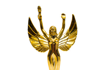 Gold award statuette made as a woman with wings and arms raised up and with torch. Golden angel,...