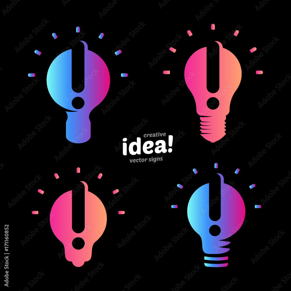 Poster stylized lightbulbs logo set, new idea and solution abstract symbol, flat bright cartoon incandescen
