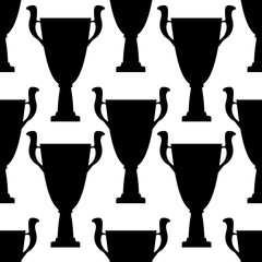 Winner trophy cup seamless pattern. Black simple silhouette texture. Championship prize for first place. Vector illustration.
