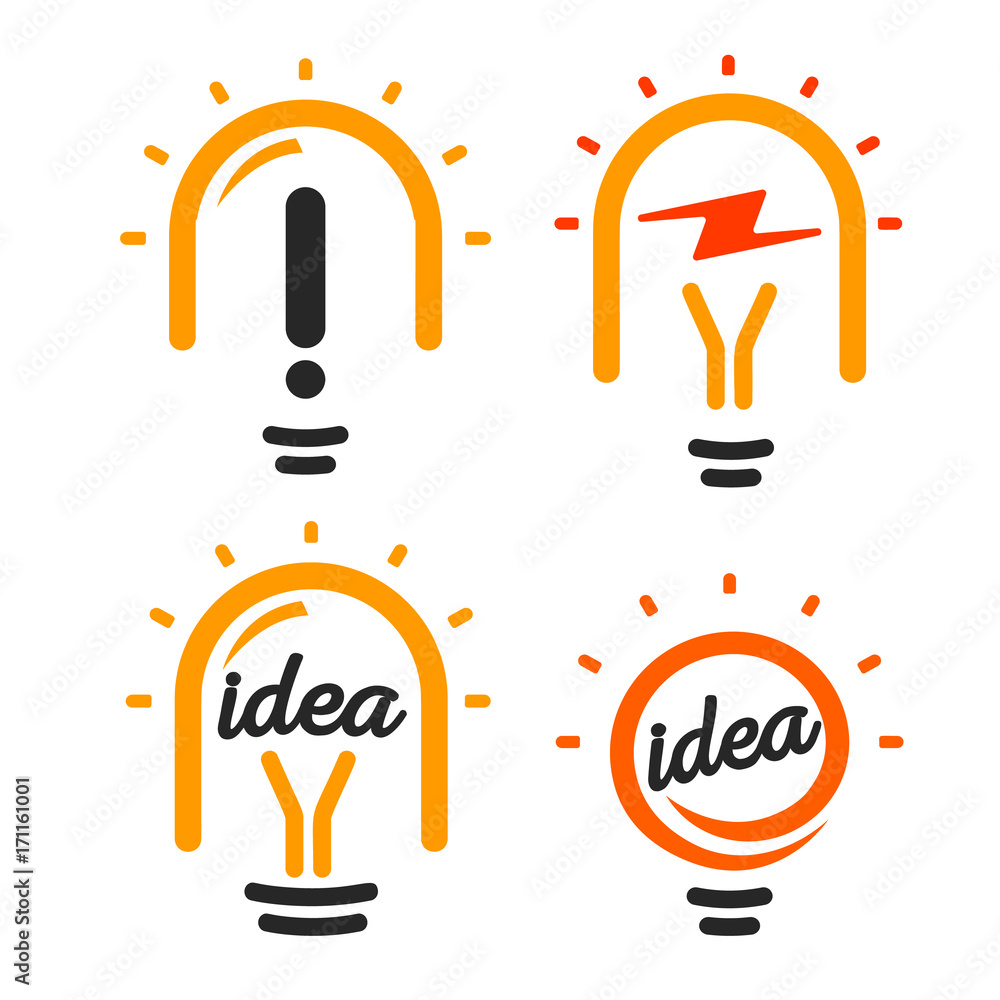 Poster stylized lightbulbs logo set, new idea and solution abstract symbol, flat bright cartoon incandescen