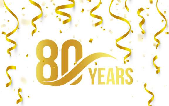 Isolated golden color number 80 with word years icon on white background with falling gold confetti and ribbons, 80th birthday anniversary greeting logo, card element, vector illustration