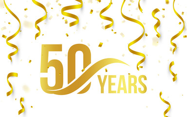 Isolated golden color number 50 with word years icon on white background with falling gold confetti and ribbons, 50th birthday anniversary greeting logo, card element, vector illustration - obrazy, fototapety, plakaty