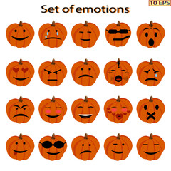 Set of emoticon pumpkins. Mood. Icons cartoon pumpkins with different emotions. Smiley icons for web design. Icons with different characteristic facial expressions. Vector illustration.