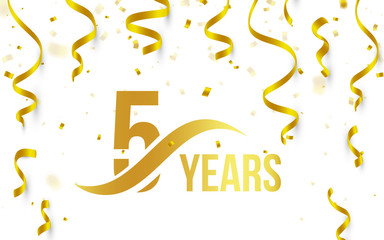 Isolated golden color number 5 with word years icon on white background with falling gold confetti and ribbons, 5th birthday anniversary greeting logo, card element, vector illustration