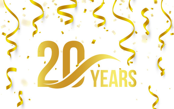 Isolated golden color number 20 with word years icon on white background with falling gold confetti and ribbons, 20th birthday anniversary greeting logo, card element, vector illustration