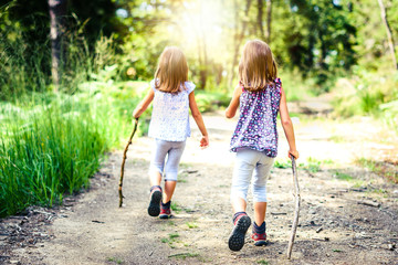 Children - twin girls are hiking in the mountains.