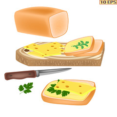 Loaf of bread sliced for the sandwiches. Bread with cheese. Sandwich with butter, cheese and herbs.  Lettuce, parsley, onion. Vector illustration isolated on white background.