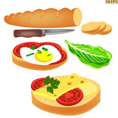 Bread. Sandwich. Sandwich with cheese, egg, bacon and tomato. Toasts. Sliced bread for the sandwiches. Lettuce, parsley, dill. Fast food, snacks.  Vector.