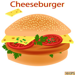 Cheeseburger. Burger. Sandwich. Hamburger. Cutlet. Fried steak. Chop. Meat rissoles. Rissole. Cutlet with bread. Sandwich with tomato and chop. Sandwich with butter, herbs, cheese, tomato and rissole.