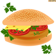 Cheeseburger. Burger. Sandwich. Hamburger. Cutlet. Fried steak. Chop. Meat rissoles. Rissole. Cutlet with bread. Sandwich with tomato and chop. Sandwich with butter, herbs, cheese, tomato and rissole.