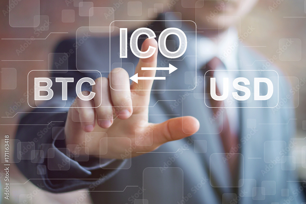 Poster businessman presses currencies exchange button ico initial coin offering on a virtual digital electr