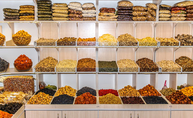 Shelves of dried fruits in the store