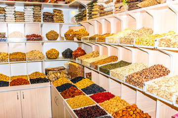 Shelves of dried fruits in the store