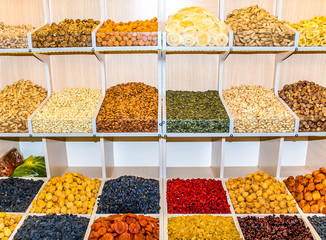 Shelves of dried fruits in the store