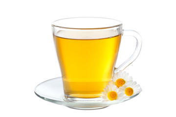 Cup of herbal tea with chamomile flowers on white background