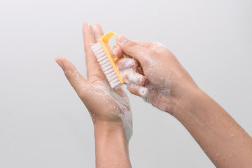 Doctor perform surgical hand washing, Preparation to the operating room. Soft focus.