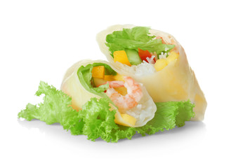 Spring rolls with salad on white background