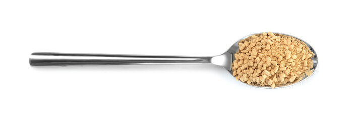 Spoon with superfood powder on white background