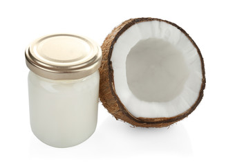 Coconut oil in mason jar on white background