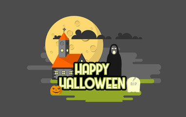 Flat Style Vector Illustration of Happy Halloween Background. 