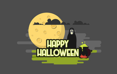 Flat Style Vector Illustration of Happy Halloween Background. 