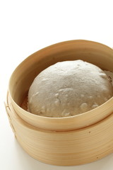 Chinese food, black sesame steamed bun in steamer