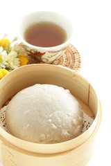 Chinese food, black sesame steamed bun in steamer