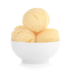 Bowl with delicious vanilla ice-cream balls on white background