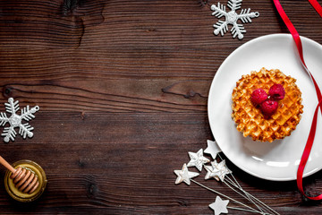 Christmas breakfast with waffles top view