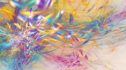 Abstract golden, blue, pink and violet chaotic glossy shapes. Fantasy fractal background. Psychedelic digital art. 3D rendering.