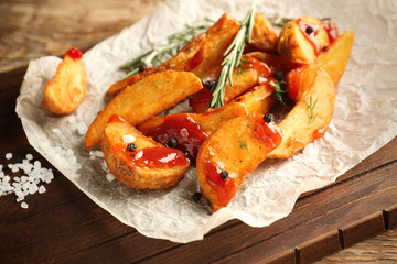Delicious baked potato wedges with sauce on wooden board