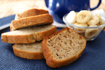 Sliced banana bread on table