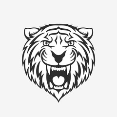 Tiger head logo emblem or icon in one color. Stock vector illustration.