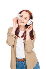 woman listening music with headphones