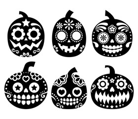Halloween pumpkin vector desgin - Mexican sugar skull style, Dia de los Muertos decoration