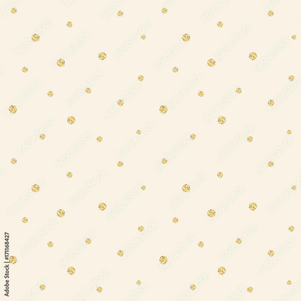 Poster Golden confetti pattern. Modern abstract vector seamless background with small gold texture dots on beige backdrop . Perfect for festive party invitations, greeting cards and wrapping paper.