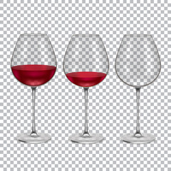 Realistic Glass with Red Wine Set. Vector