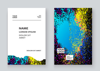 Neon colorful explosion paint splatter artistic covers design Decorative bright texture splash spray on blue white backgrounds. Trendy template vector Cover Report Catalog Brochure Flyer Poster Banner