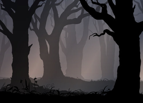  background with silhouettes of old trees. Mysterious forest. Vector illustration