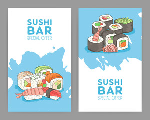 Set of modern bright colored flyer templates for Asian food restaurant with appetizing Japanese sushi and rolls on blue and white background. Special offer advertisement. Vector illustration.